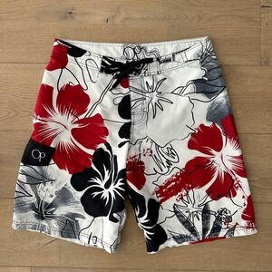 OP Men's Floral Board Short White with Red and Black Flowers Size 34
